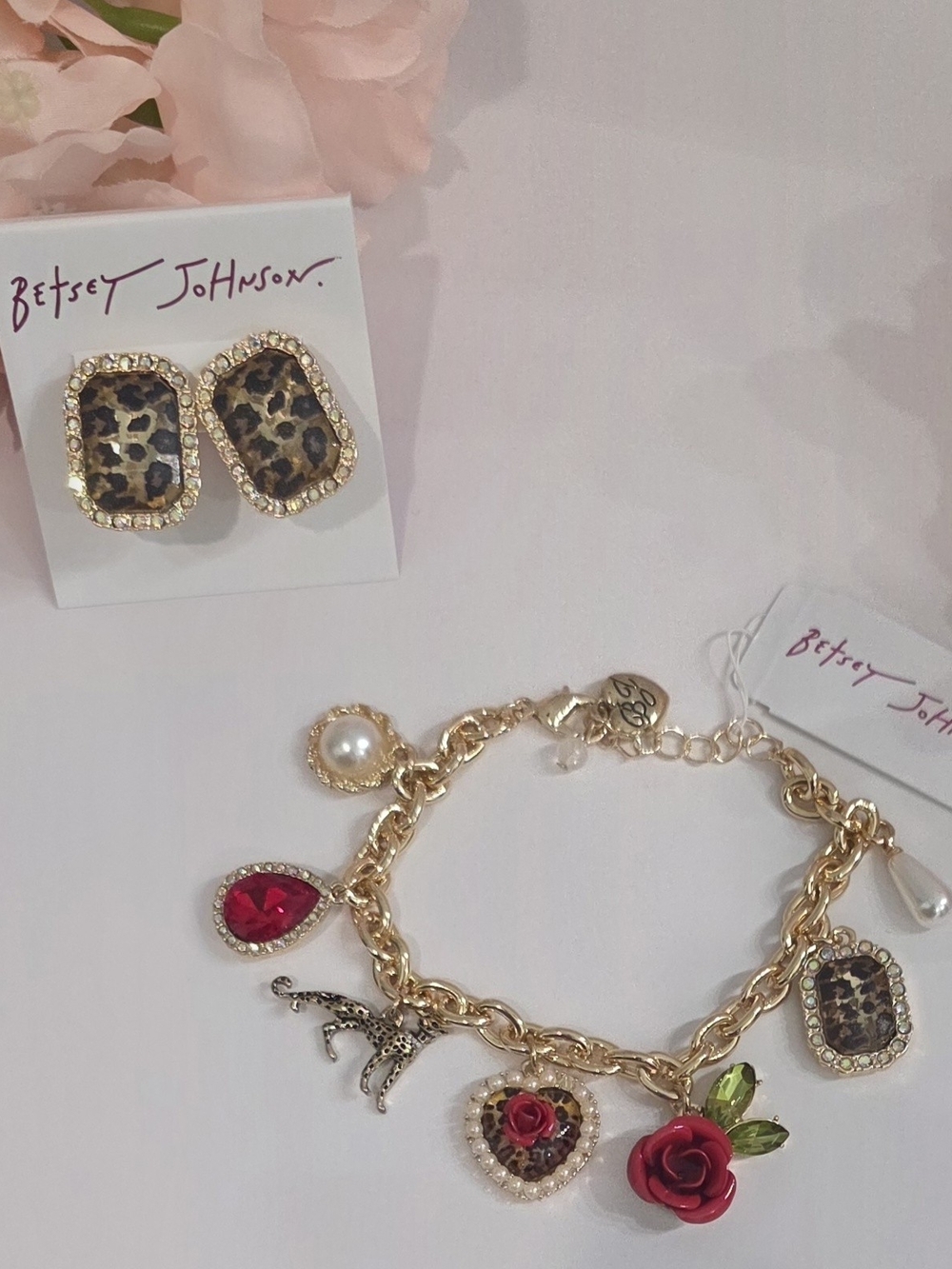 Betsey Johnson Gold Bracelet and Leopard Earrings with Red Rose and Pearl Charms